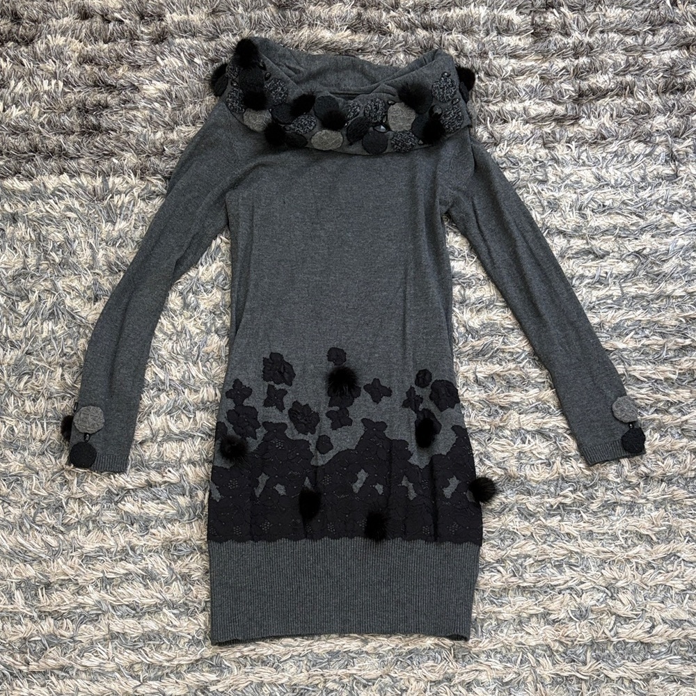 Gray and Black Sweater Dress with Rabbit Fur Details, Size S